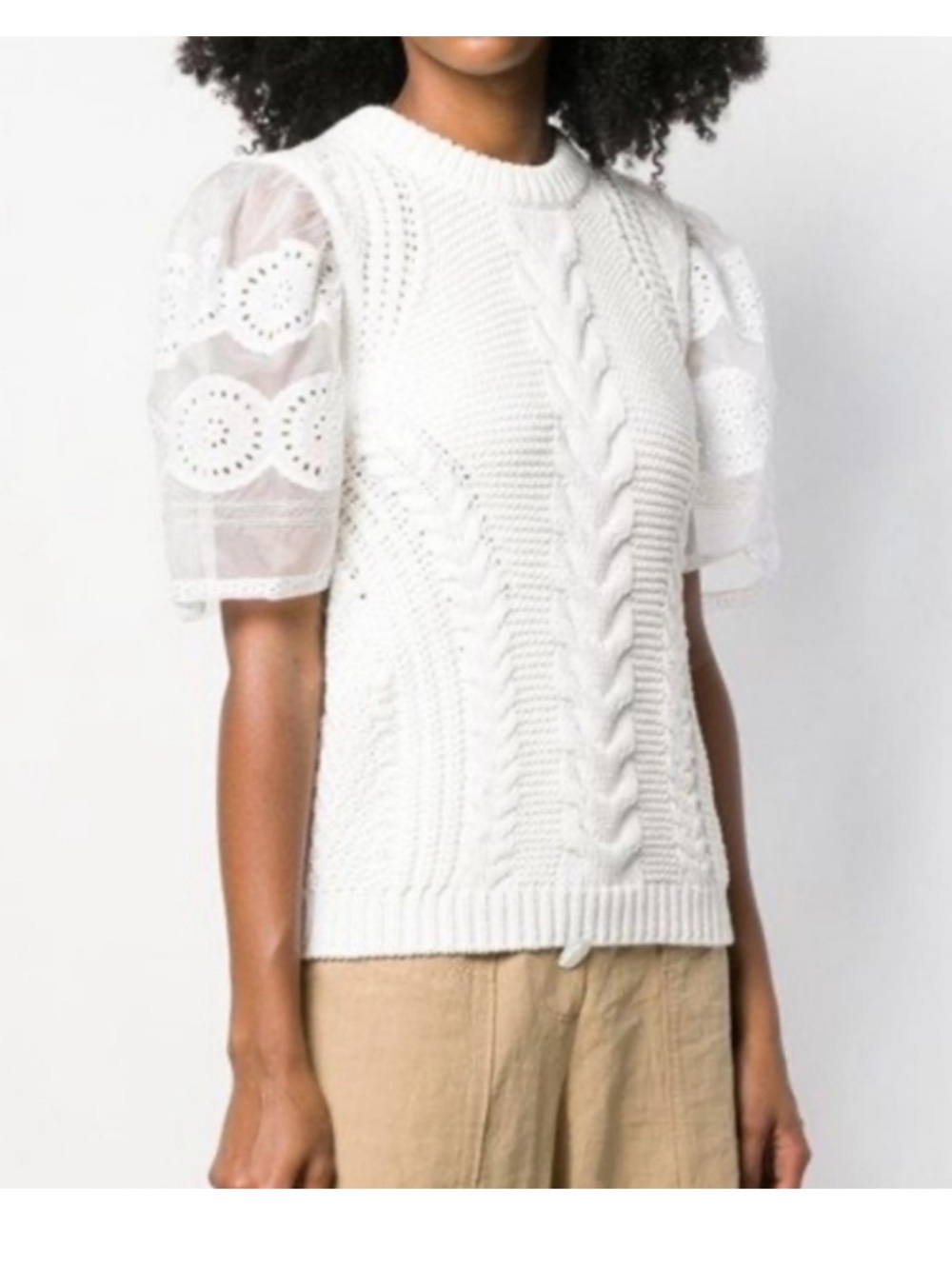 Sea New York Ivory Cable Knit Top with Sheer Lace Puff Sleeves Small EUC Luxury